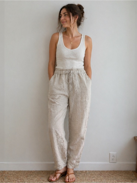 H&M Pants - H&M 100% Linen Drawstring Relaxed Pants - Neutral Beige small/ medium